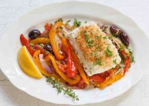 Baked Greek Halibut with Peppers